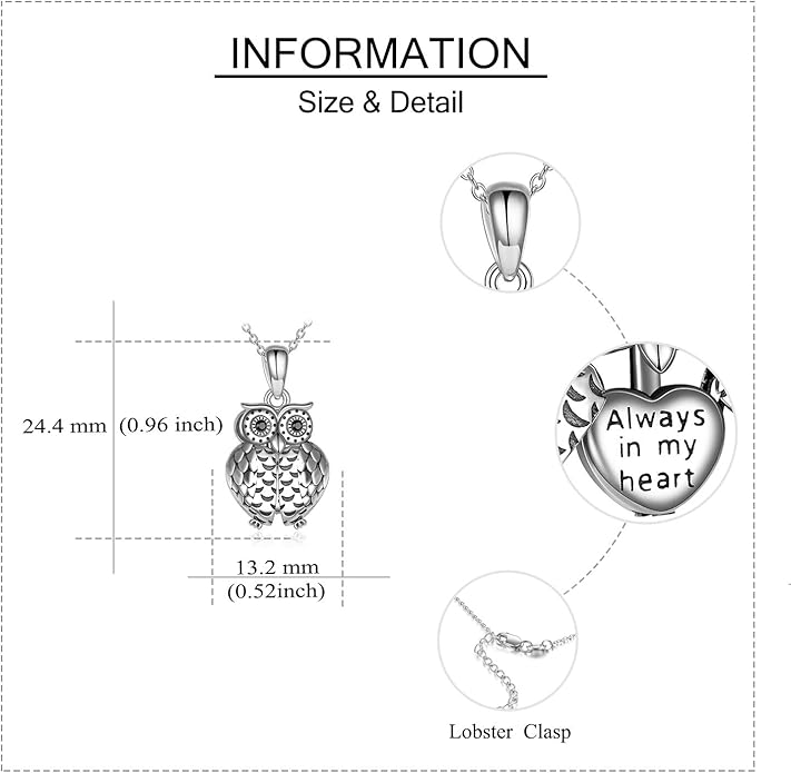 ONEFINITY Sterling Silver Always in My Heart Owl Urn Necklace for Ashes Owl Cremation Jewelry for Ashes of Loved Ones Keepsake Jewelry