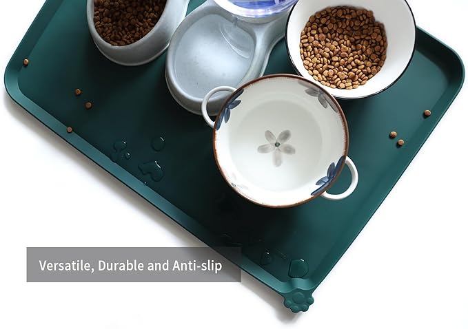 Hoki Found X-Large Silicone Non Slip Pet Food Mats - Tray for Dogs, Cats - Waterproof Feeding Mat - Dark Cedar