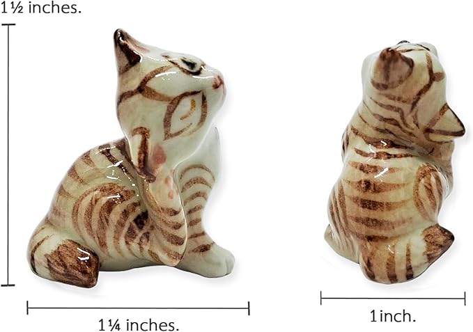 WitnyStore Tiny 1½" Brown White Tabby Shorthair Cat Scratching Ear Figurine - Miniature Hand Made Painted Ceramic Cats Kitten Feline Animal Cute Porcelain Decorative Collectible Figurines Décor Gifts