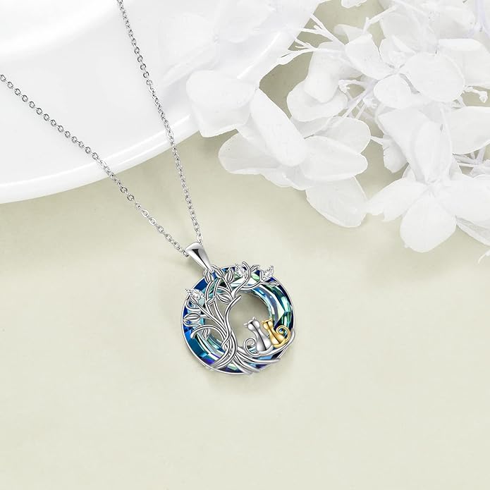 925 Sterling Silver Moon Black Cat Necklace for Women - Tree of Life Jewelry with Abalone Stone - Cat Lover Birthday Gift