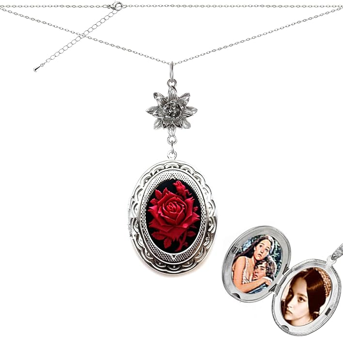 Yspace Lotus Charm Necklace Antique Decor Cameo Pendant 2 Chains Velvet Pouch for Gift
