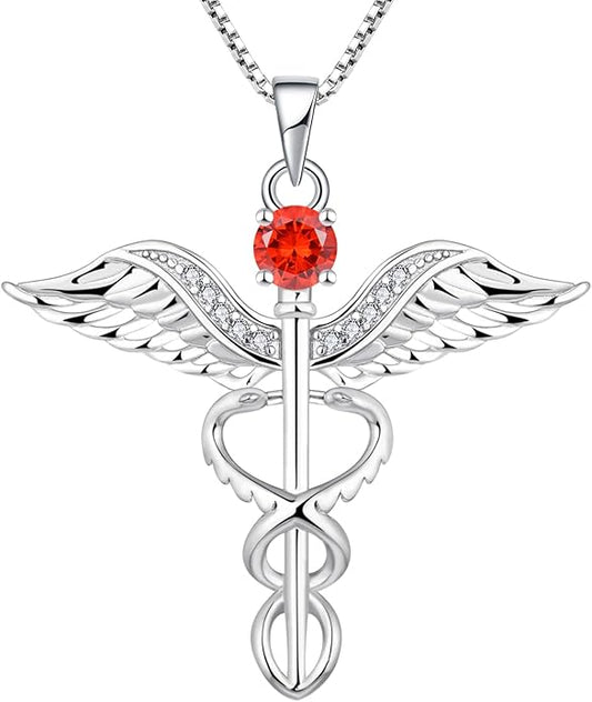 YL Caduceus Necklace Sterling Silver Doctor Nurse Themed Pendant Birthstone Angel Wings Snake Jewelry for Women