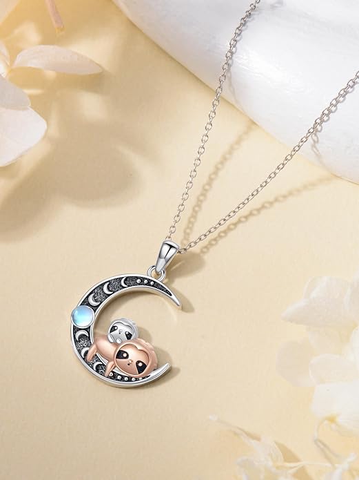 Fox/Cat/Axolotl/Sloth/Panda Necklace Crescent Moon Necklace 925 Sterling Silver Cute Animal Jewelry as Birthday Mothers Day Gifts for Women