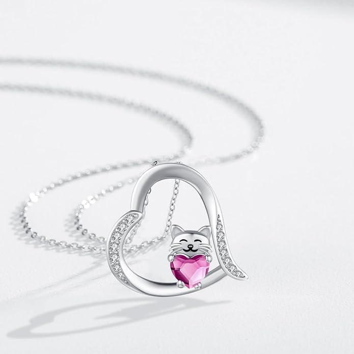 JUSTKIDSTOY Sterling Silver Cute Animal Pendant Necklace with Crystal Cat Pendant - Women's Cat Lovers Jewelry Gift
