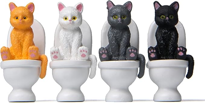 White Miniature Cat Figure Sitting On Toilet Cat Statue Figurine Resin Home Decor Cartoon Animal Garden Statues,Garden Miniatures Arden Sculptures and Statues