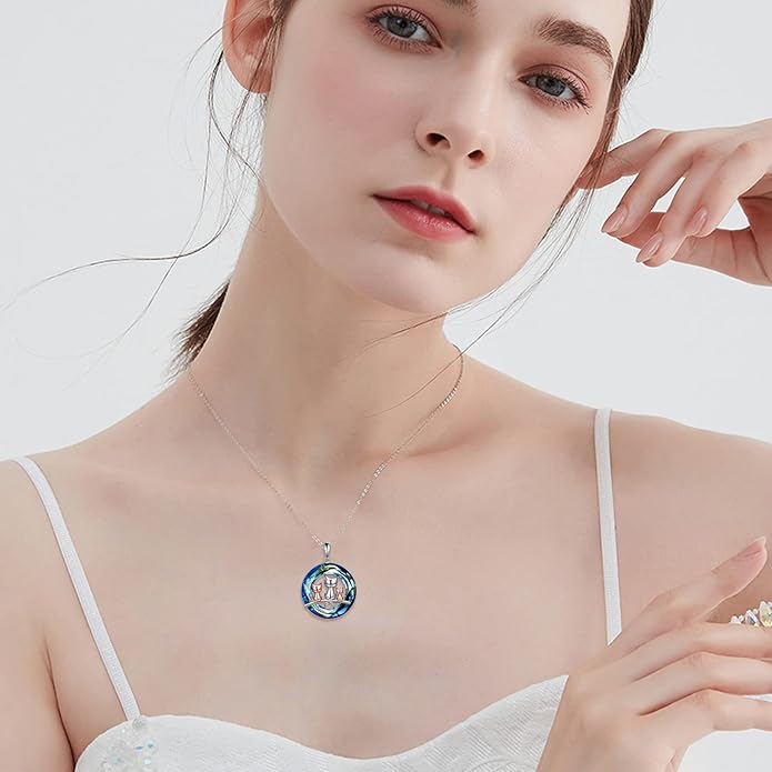 POPLYKE Cat/Family Cat Necklace for Women 925 Sterling Silver Celtic Moon Cat Wiccan Jewelry for Wife