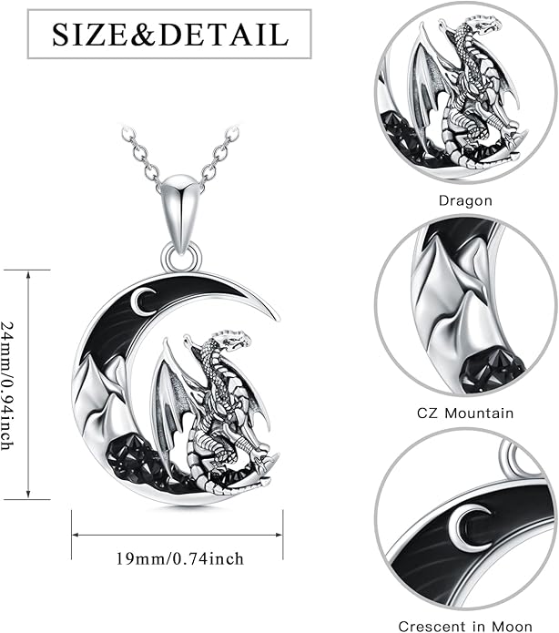 Gothic Jewelry Bat/Cat/Wolf/Dragon/Owl/Fox/Spider/Sun Pendant Sterling Silver Crescent Moon Necklace for Women Girls Black Jewelry Gifts