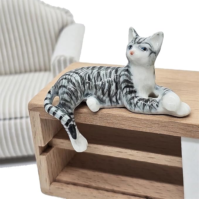 WitnyStore Tiny 2" Gray White Tabby Shorthair Cat Lying Cross Paws Hang Leg Figurine - Miniature Hand Made Ceramic Cats Kitten Feline Animal Cute Porcelain Decorative Collectible Figurines Décor Gifts