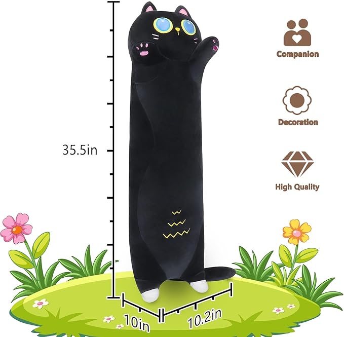 Long Black Cat Plush Pillow,35.5" Large Black Cat Stuffed Animal,Weighted Cat Plush,Cuddly Sleeping Hugging Stuffed Animal, Giant Cute Body Pillow,Plush Toy Gift at Birthday Kids Adults
