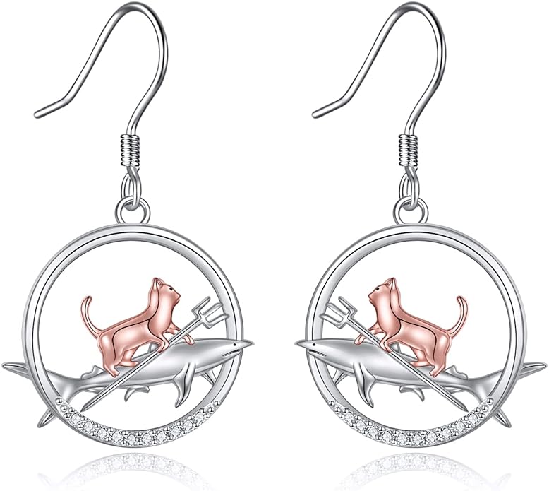 YFN Cat Earrings for Women Sterling Silver Shark Dangle Earrings Cat Jewelry Gifts for Women Cat Lover Shark Jewelry for Shark Lover