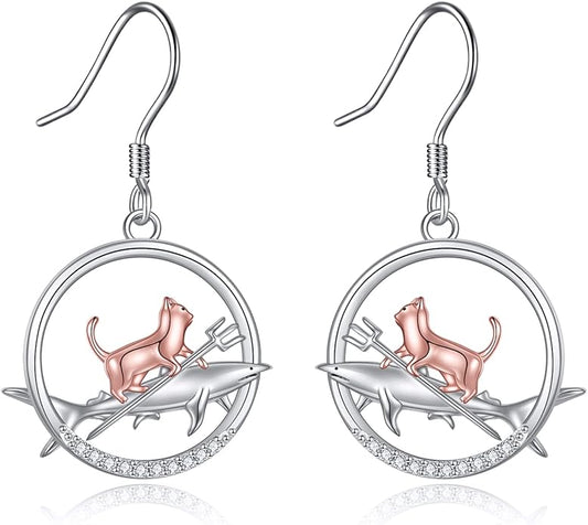 YFN Cat Earrings for Women Sterling Silver Shark Dangle Earrings Cat Jewelry Gifts for Women Cat Lover Shark Jewelry for Shark Lover