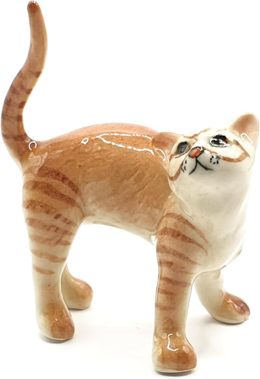 WitnyStore Tiny 2" Brown White Tabby Shorthair Cat Standing Look Up Figurine - Miniature Hand Made Painted Ceramic Cats Kitten Feline Animal Cute Porcelain Decorative Collectible Figurines Décor Gifts