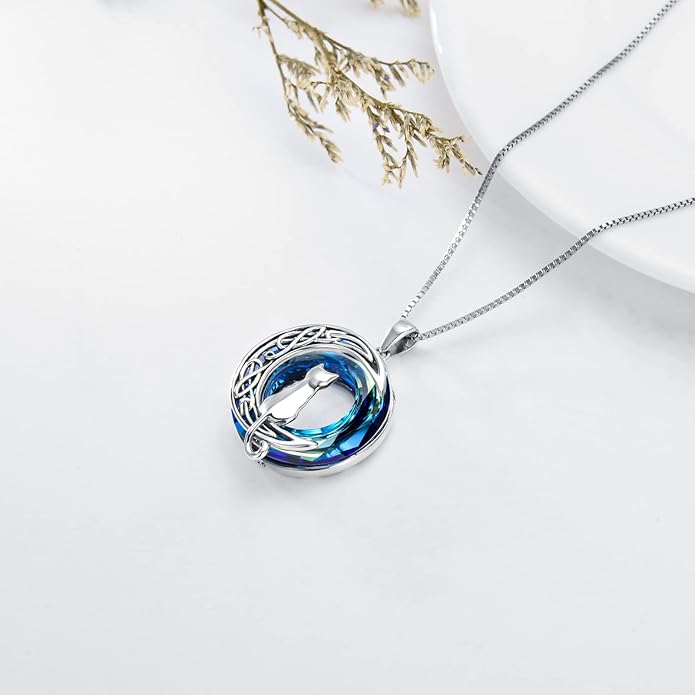 TOUPOP Cat Gifts for Cat Lovers 1 2 3 Cats Necklace Sterling Silver Cat on the Moon Pendant Necklace with Blue Circle Crystal Birthday Christmas Celtic Jewelry Gifts for Women