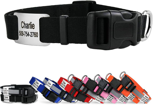 GoTags Personalized Dog Collar with Nameplate, Adjustable Dog Collar with Custom Engraved Slide On Pet ID Tag in Stainless Steel, Silent, No Noise Dog Tag for Large Medium and Small (Black, Large)
