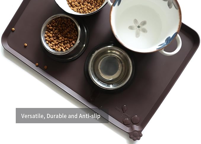 Hoki Found Large Silicone Pet Food Mat - Non Slip, Waterproof Dog Cat Bowl Mat - Dark Oak