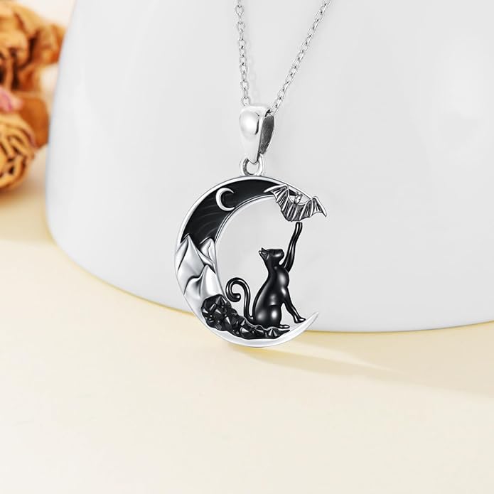 Gothic Jewelry Bat/Cat/Wolf/Dragon/Owl/Fox/Spider/Sun Pendant Sterling Silver Crescent Moon Necklace for Women Girls Black Jewelry Gifts