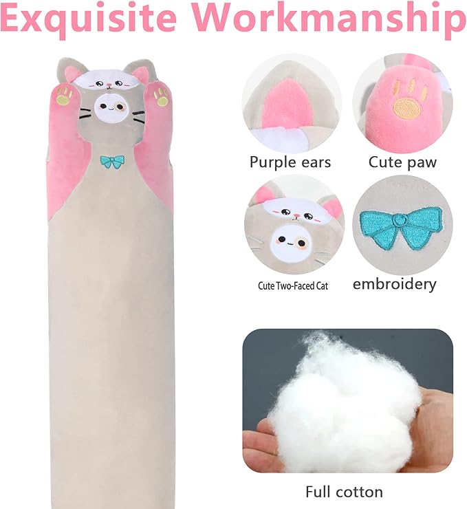 Long Cat Plush Kawaii Body Pillow， 35.4” Soft PP Cotton Filling Cartoon Cute Plushies Pillow for Children Funny Stuffed Animals for Girls Gifts（Pink