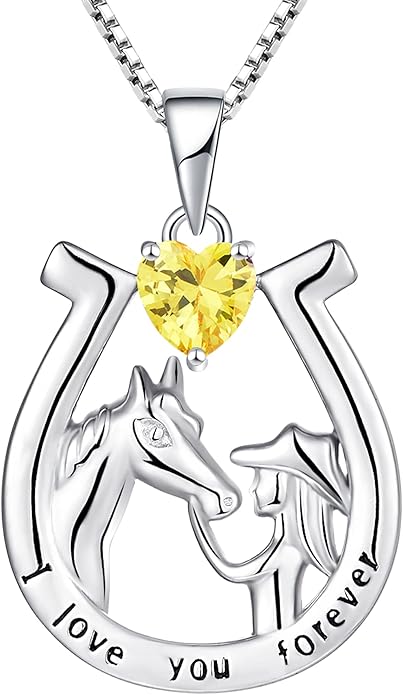 YL Women's Horse Necklace 925 Sterling Silver Horseshoe Pendant Birthstone Animals Jewelry