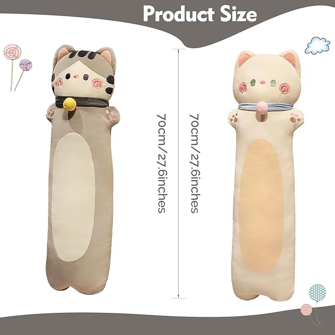 Long Cat Plush Pillow, 27.6inches Cute White Cat Plushie Stuffed Animals Body Pillow, Kawaii Kitten Soft Plushie Doll Toy Birthday Gift for Kids Boy Girlfriend