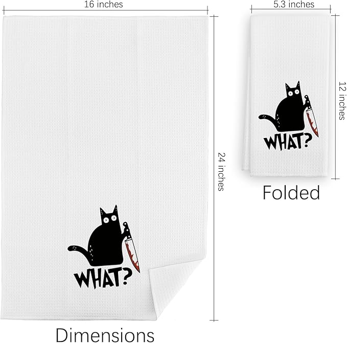 Funny Black Cat Kitchen Towels, Humorous What？Kitty Hand Towels, Funny Black Cat Lovers Mom Lady Owners Gifts for Bathroom Kitchen Decor Soft Dish Cloth for Women, 16x24 Inches