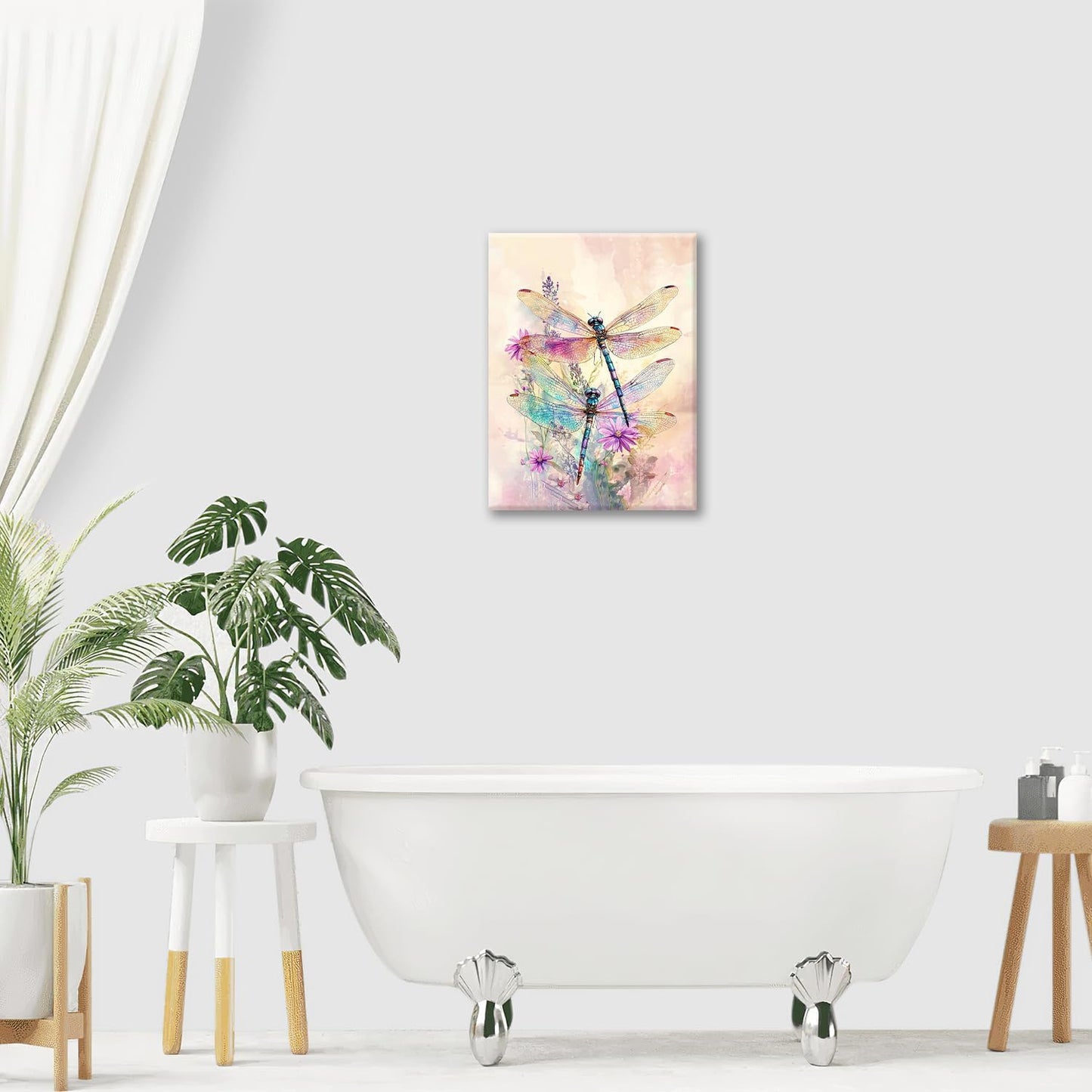 Dragonfly Bathroom Pictures Wall Art, Floral Bathroom Wall Decor, Framed Painting Canvas Artwork for Bedroom Living Room Decorations 20"L x 16"W