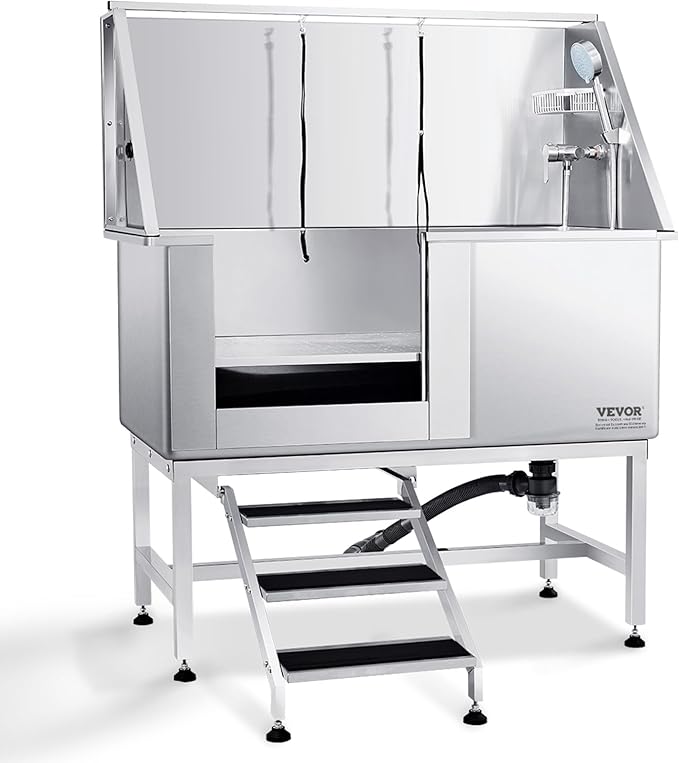 VEVOR 50" Pet Dog Bathing Station w/Stairs, Professional Stainless Steel Dog Grooming Tub w/Soap Box, Faucet,Rich Accessory, Dog Bathtub for Large,Medium,Small Pets, Washing Sink for Home Left