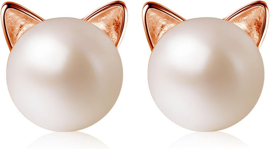 Wicary Cat Earrings Sterling Silver Pearl Earrings for Women Cat Stud Earring for Cat Lovers
