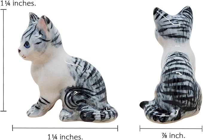 WitnyStore Tiny 1¼" White Gray Tabby Shorthair Cat Sitting Look Left Figurine - Miniature Hand Made Painted Ceramic Cats Kitten Feline Animal Cute Porcelain Decorative Collectible Figures Décor Gifts