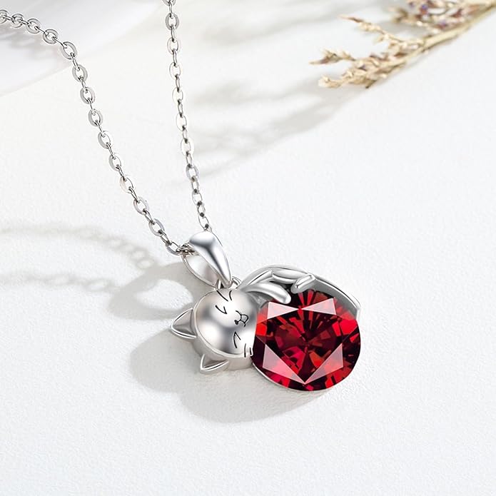LONAGO Cat Necklace with Birthstone 925 Sterling Silver Cat Pendant Necklace Gift for Women