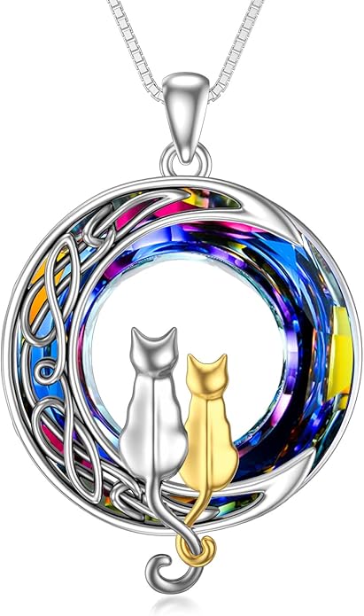 TOUPOP Cat Gifts for Cat Lovers 1 2 3 Cats Necklace Sterling Silver Cat on the Moon Pendant Necklace with Blue Circle Crystal Birthday Christmas Celtic Jewelry Gifts for Women
