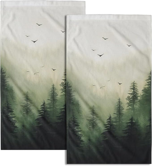 Green Misty Forest Hand Towels Set of 2 Mountain Woodland Soft Guest Face Bath Towel Bathroom Decorations Thin Kitchen Tea Dish Towels