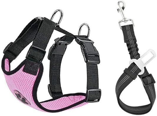 SlowTon Dog Seat Belt Harness for Car, Dog Car Harness Adjustable Mesh Breathable & Dog Seatbelt Safety Tether with Elastic Bungee for Small Medium Large Pets(Pink, Single Clip, S)