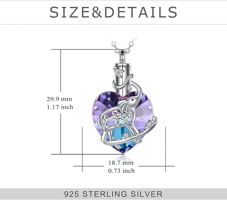 YFN Elephant Heart Crystal Urn Necklace for Ashes Cremation Jewelry Sterling Silver with Crystal Jewelry Gifts for Women