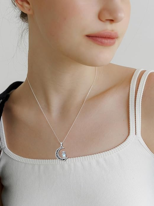 Fox/Cat/Axolotl/Sloth/Panda Necklace Crescent Moon Necklace 925 Sterling Silver Cute Animal Jewelry as Birthday Mothers Day Gifts for Women