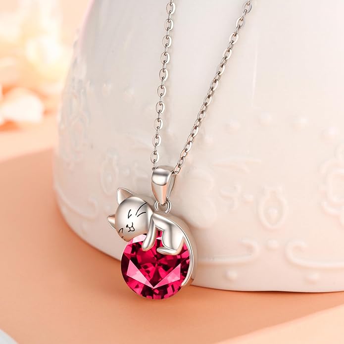 LONAGO Cat Necklace with Birthstone 925 Sterling Silver Cat Pendant Necklace Gift for Women