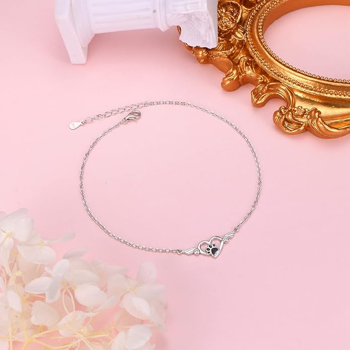 FLYOW 925 Sterling Silver Cute Paw Print Forever Love Heart Pendant Necklace/Bracelet/Stud Earrings Gift for Women, Box Chain 18"