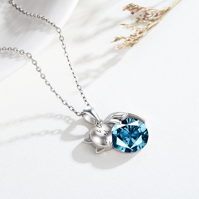 LONAGO Cat Necklace with Birthstone 925 Sterling Silver Cat Pendant Necklace Gift for Women