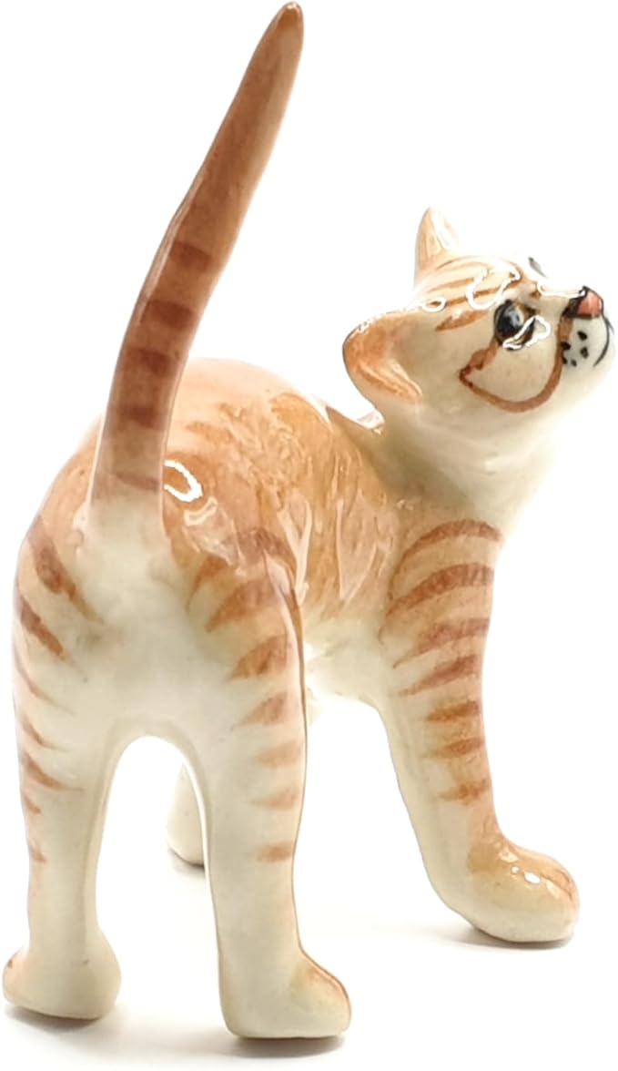 WitnyStore Tiny 2" Brown White Tabby Shorthair Cat Standing Look Up Figurine - Miniature Hand Made Painted Ceramic Cats Kitten Feline Animal Cute Porcelain Decorative Collectible Figurines Décor Gifts