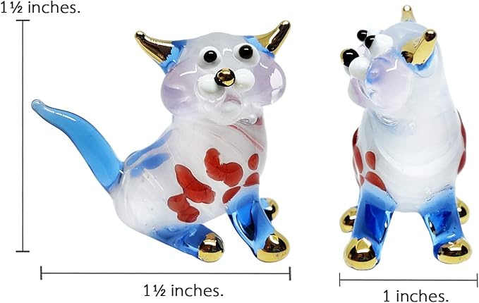 Tiny 1½" White Blue Red Sitting Look Right Cat Figurine Miniature Hand Blown Glass Cats Kitten Feline Animals Cute Colorful Crystal Decorative Collectible Figurines Décor Gifts