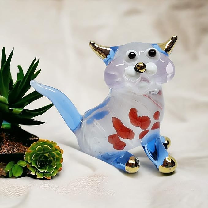 Tiny 1½" White Blue Red Sitting Look Right Cat Figurine Miniature Hand Blown Glass Cats Kitten Feline Animals Cute Colorful Crystal Decorative Collectible Figurines Décor Gifts