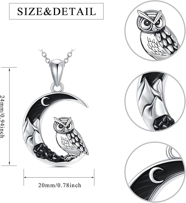 Gothic Jewelry Bat/Cat/Wolf/Dragon/Owl/Fox/Spider/Sun Pendant Sterling Silver Crescent Moon Necklace for Women Girls Black Jewelry Gifts