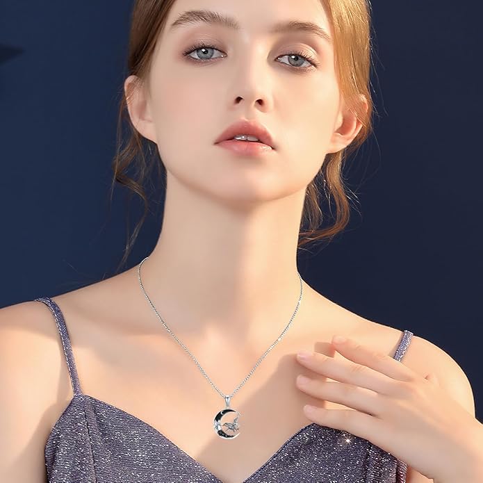 Gothic Jewelry Bat/Cat/Wolf/Dragon/Owl/Fox/Spider/Sun Pendant Sterling Silver Crescent Moon Necklace for Women Girls Black Jewelry Gifts