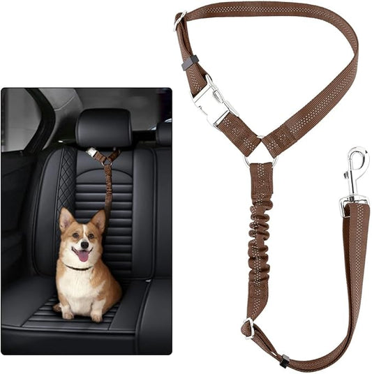 Plutus Pet Dog Seat Belt for Car Headrest, Reflective and Adjustable Restraint with Elastic Bungee for Safety, Vehicle Seatbelt Harness for Small Medium Large Dogs and Cats, Chocolate