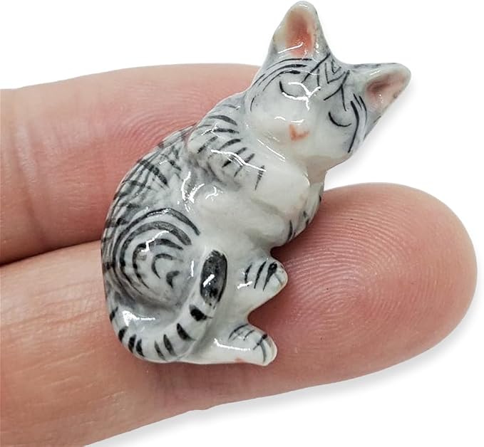 WitnyStore Tiny 1" Long Gray White Tabby Shorthair Cat Sleeping Figurine - Miniature Hand Made Painted Ceramic Cats Kitten Feline Animal Cute Porcelain Decorative Collectible Figurines Décor Gifts