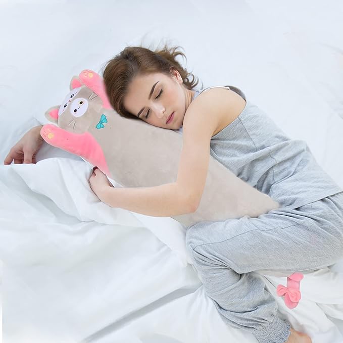 Long Cat Plush Kawaii Body Pillow， 35.4” Soft PP Cotton Filling Cartoon Cute Plushies Pillow for Children Funny Stuffed Animals for Girls Gifts（Pink