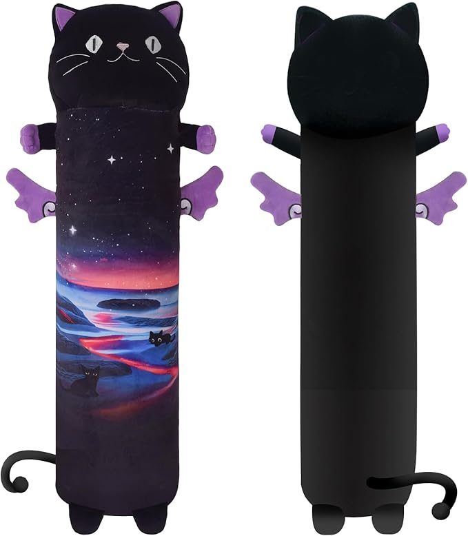 Long Cat Plush Pillow, 27.6in Cute Purple Cat Plushie Stuffed Animals Body Pillow with Wing, Kawaii Kitten Soft Plushie Doll Toy Birthday Gift for Kids Girlfriend