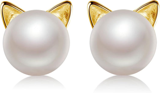 Wicary Cat Earrings Sterling Silver Pearl Earrings for Women Cat Stud Earring for Cat Lovers