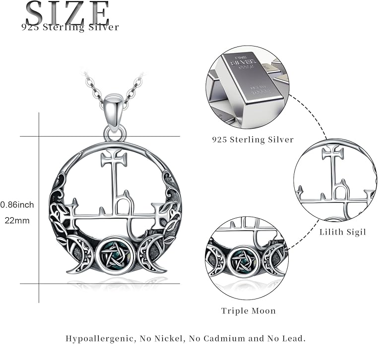 Witch Necklace 925 Sterling Silver Pentagram Triple Moon Pentacle Pendant Wiccan Pagan Jewelry Witchy Gifts for Women