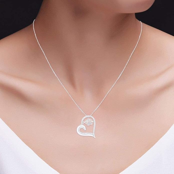 AFFY Paw Print Dog Cat Heart Pendant Necklace, 925 Sterling Silver & 10K Solid Gold Natural Diamond, Two Tone Heart Necklace for Pet Lovers, Elegant Silver Gift for Her
