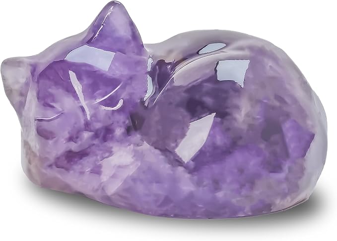 WHAL&YUNE Crystal Cat Figurine, 1PC Amethyst Gemstone Cat, Natural Sleeping Cat Ornament Hand Carved Cat Statue Cat Crystal Decoration for Cat Lovers, Gift 1.5"
